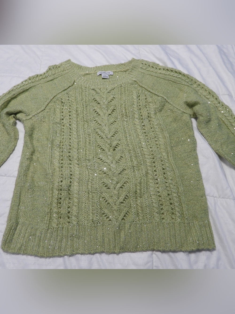 Liz Claiborne Lime Green Cable Knit Scoop Neck Sweater with Sequins XL